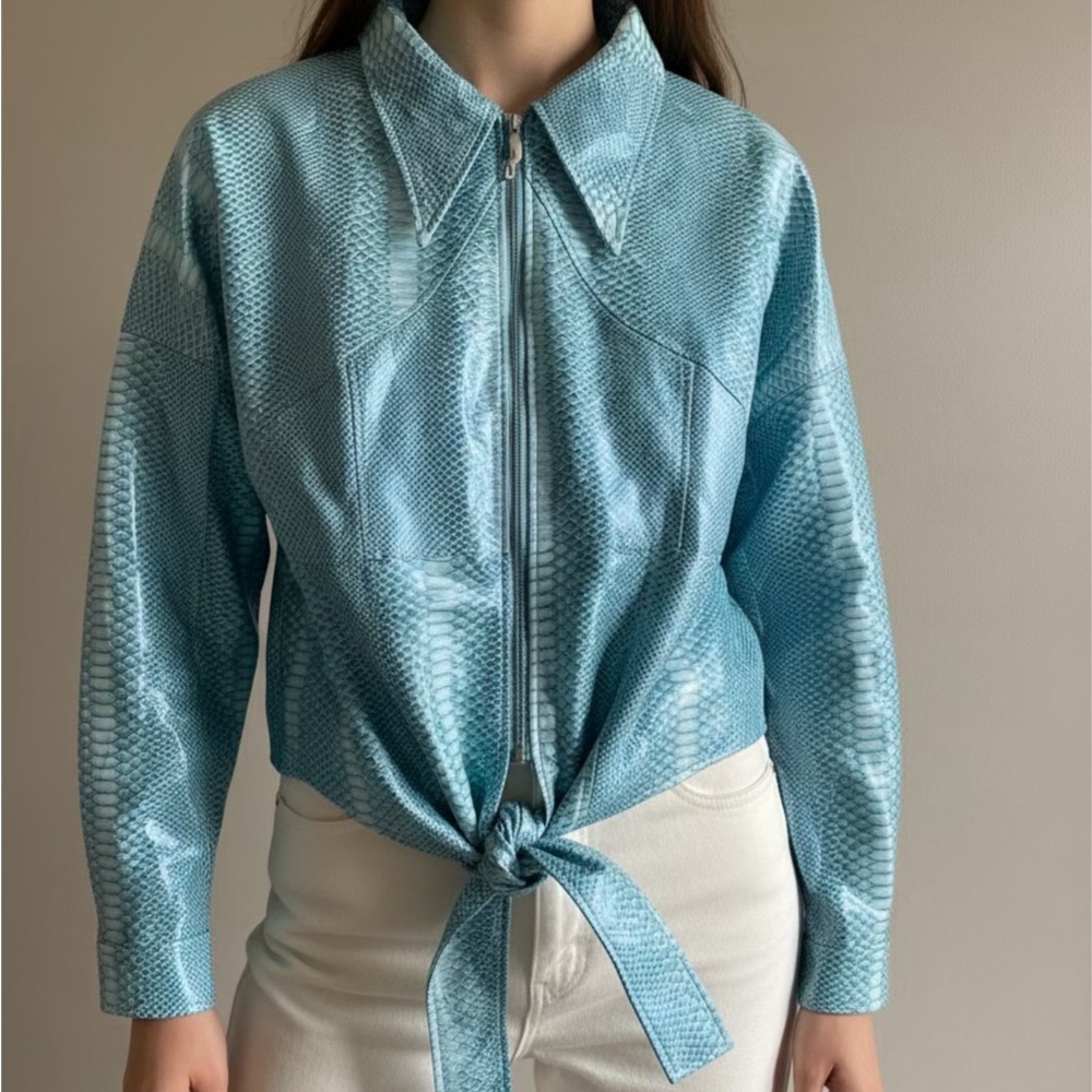 Chic Blue Snakeskin Bomber Jacket